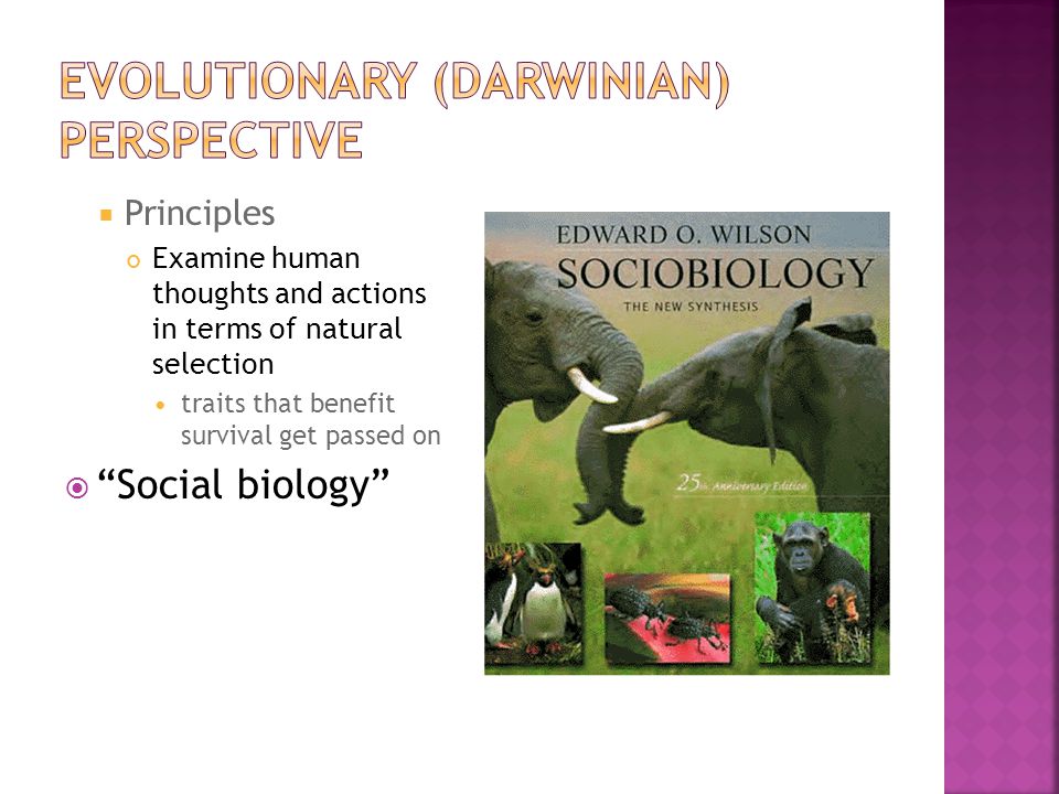 Principles ​ Examine human thoughts and actions in terms of natural selection ​ traits that benefit survival get passed on  ​ Social biology