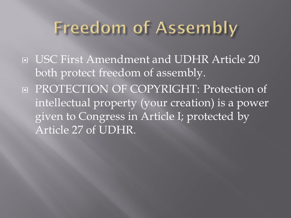  USC First Amendment and UDHR Article 20 both protect freedom of assembly.