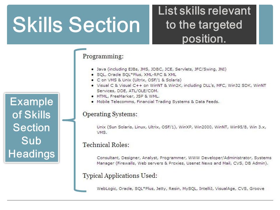 Skills Section List skills relevant to the targeted position.