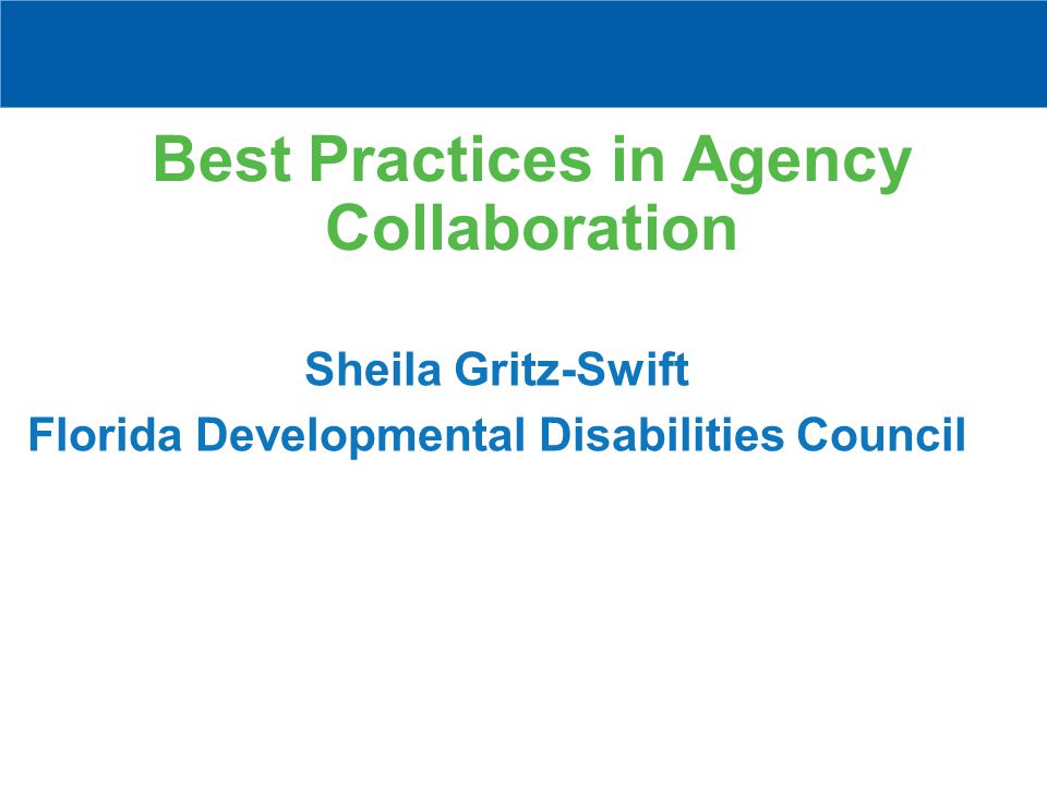 Best Practices in Agency Collaboration Sheila Gritz-Swift Florida Developmental Disabilities Council
