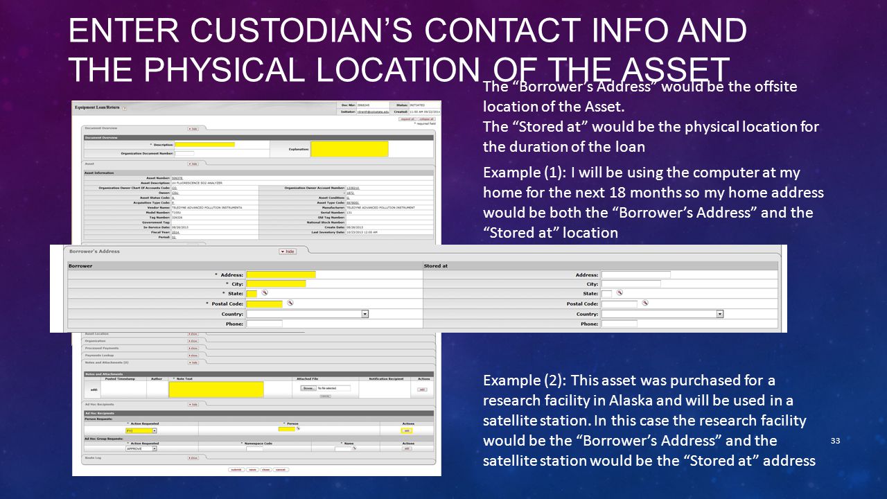 ENTER CUSTODIAN’S CONTACT INFO AND THE PHYSICAL LOCATION OF THE ASSET 33 The Borrower’s Address would be the offsite location of the Asset.