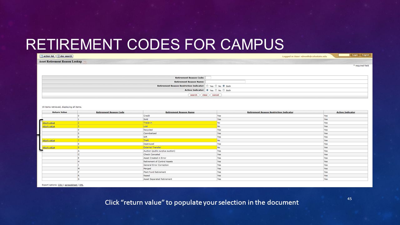 RETIREMENT CODES FOR CAMPUS 45 Click return value to populate your selection in the document