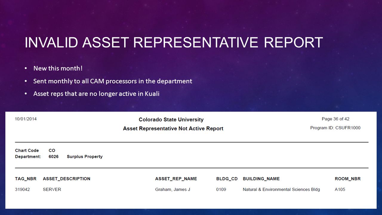 INVALID ASSET REPRESENTATIVE REPORT New this month.