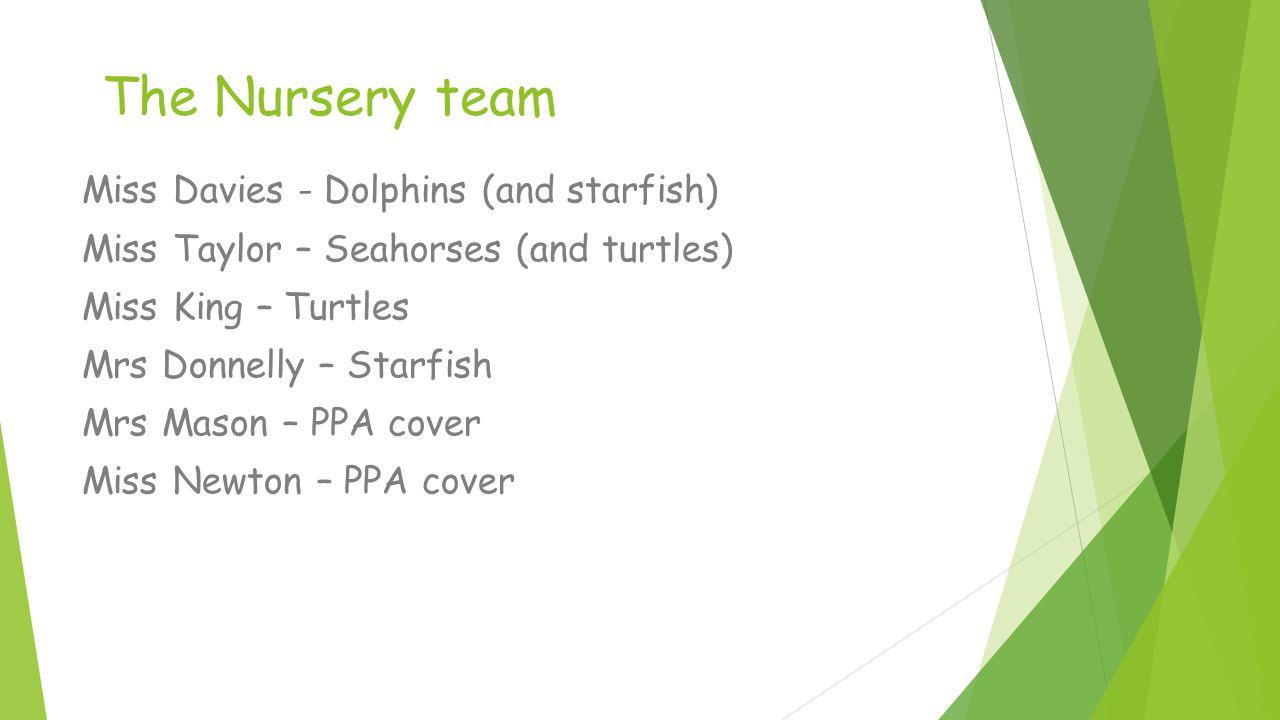 The Nursery team Miss Davies - Dolphins (and starfish) Miss Taylor – Seahorses (and turtles) Miss King – Turtles Mrs Donnelly – Starfish Mrs Mason – PPA cover Miss Newton – PPA cover