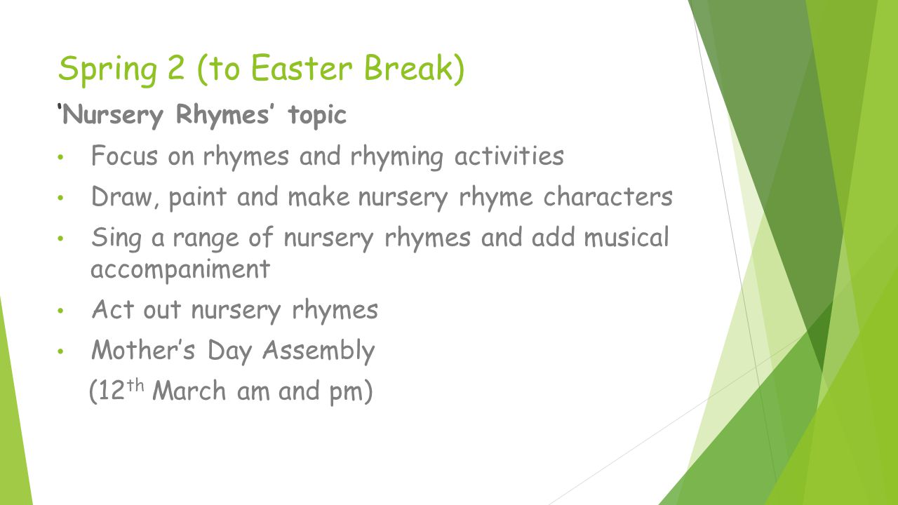 Marston Green Infant Academy Nursery Meet The Teacher Evening 2 9 Spring 2 To Easter Break Nursery Rhymes Topic Focus On And Rhyming Activities Draw Paint Make Rhyme Characters Sing A Range Of