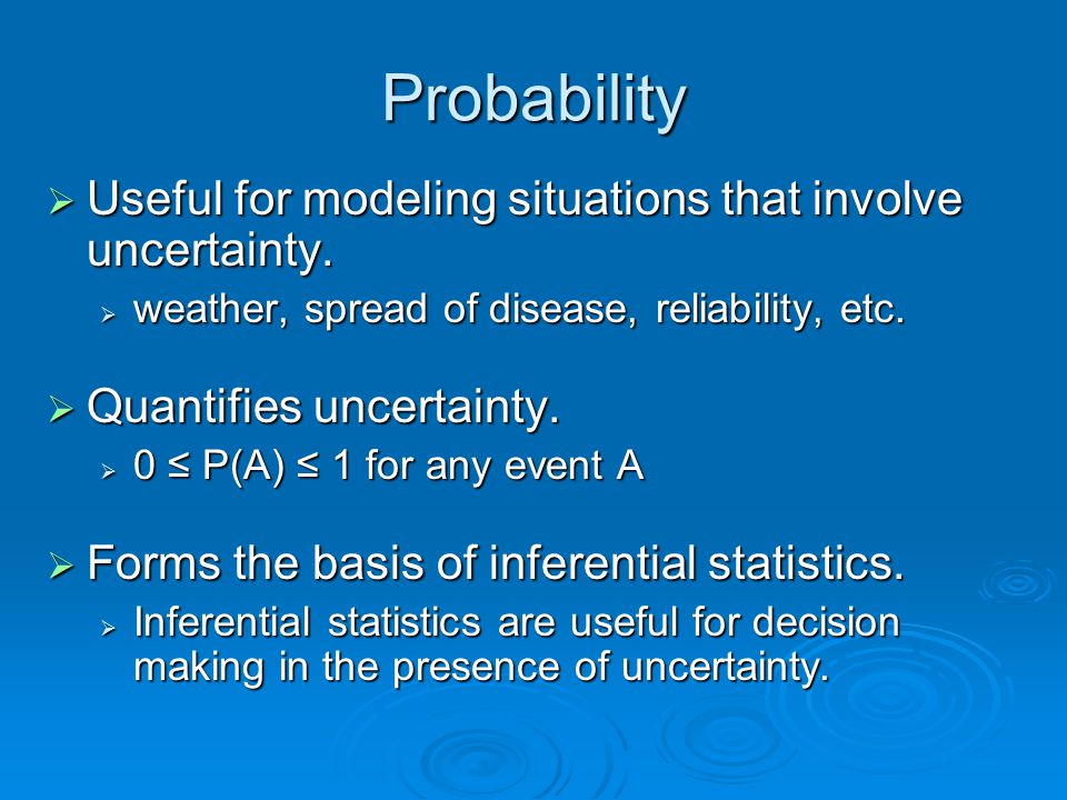 Probability  Useful for modeling situations that involve uncertainty.