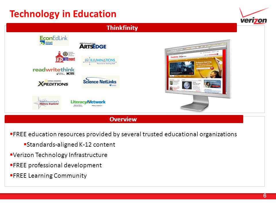 6 Technology in Education Overview Thinkfinity 35%  FREE education resources provided by several trusted educational organizations  Standards-aligned K-12 content  Verizon Technology Infrastructure  FREE professional development  FREE Learning Community