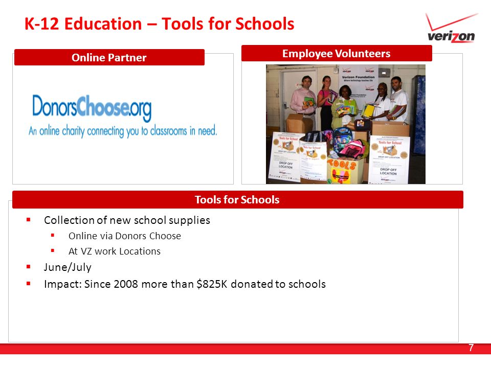 7 K-12 Education – Tools for Schools  Collection of new school supplies  Online via Donors Choose  At VZ work Locations  June/July  Impact: Since 2008 more than $825K donated to schools Tools for Schools Online Partner Employee Volunteers
