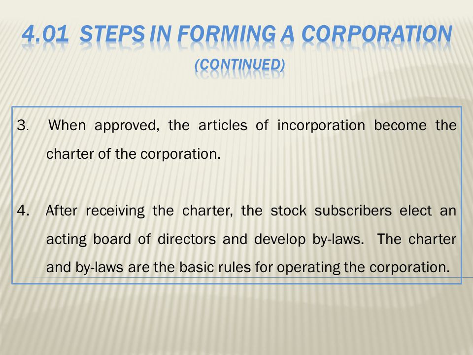 3. When approved, the articles of incorporation become the charter of the corporation.