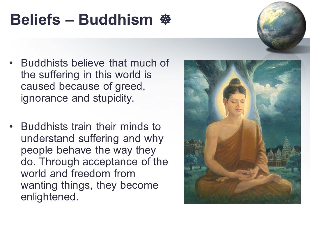 Beliefs – Buddhism  Buddhists believe that much of the suffering in this world is caused because of greed, ignorance and stupidity.
