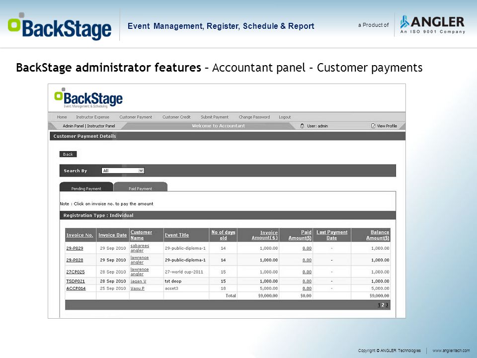 a Product of Event Management, Register, Schedule & Report BackStage administrator features – Accountant panel – Customer payments Copyright © ANGLER Technologieswww.angleritech.com