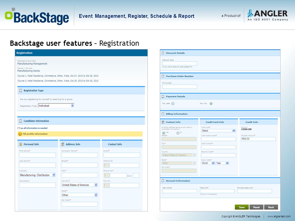 Backstage user features – Registration a Product of Copyright © ANGLER Technologieswww.angleritech.com Event Management, Register, Schedule & Report