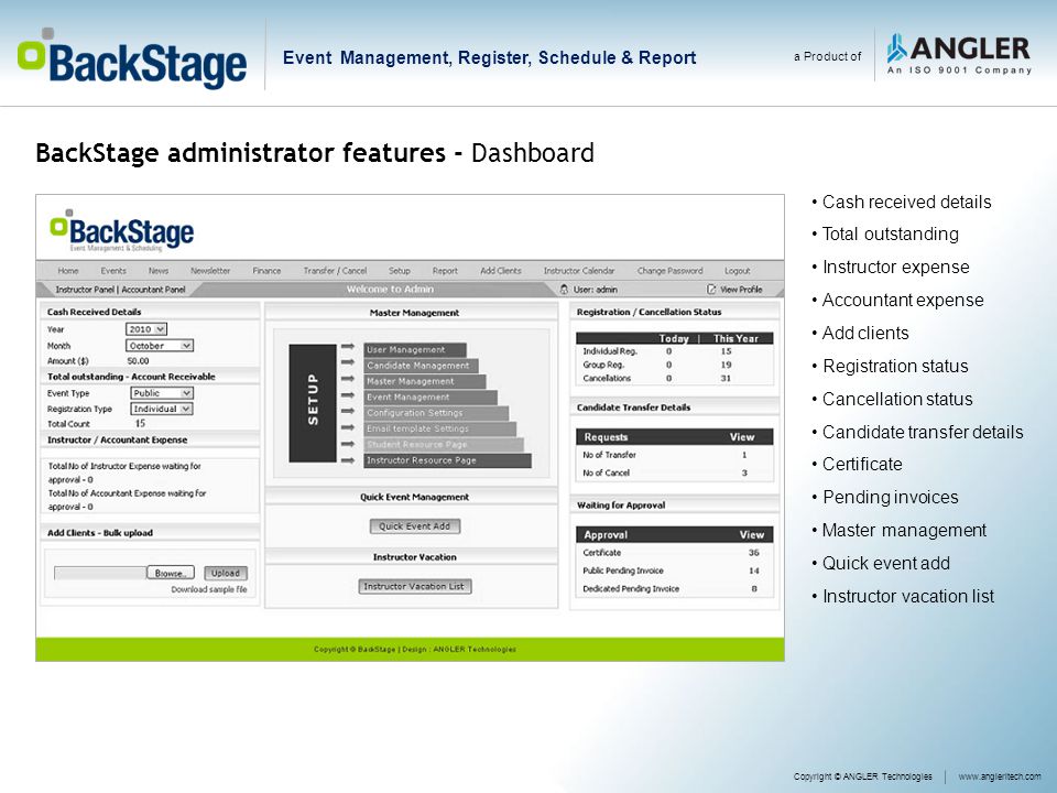 BackStage administrator features - Dashboard Copyright © ANGLER Technologieswww.angleritech.com Cash received details Total outstanding Instructor expense Accountant expense Add clients Registration status Cancellation status Candidate transfer details Certificate Pending invoices Master management Quick event add Instructor vacation list a Product of Event Management, Register, Schedule & Report