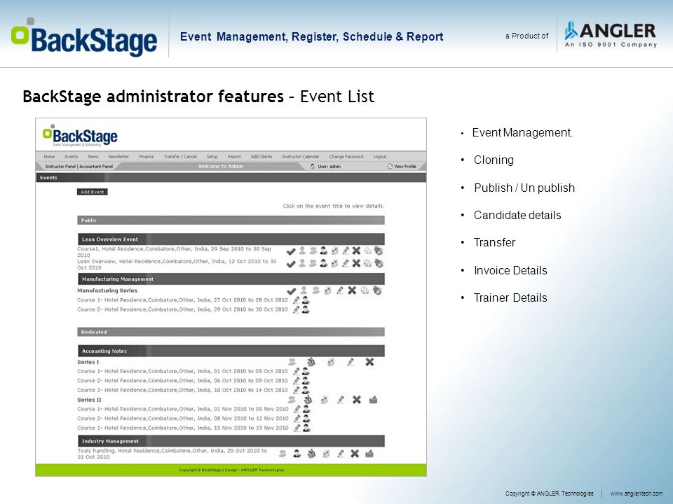 BackStage administrator features – Event List Event Management.