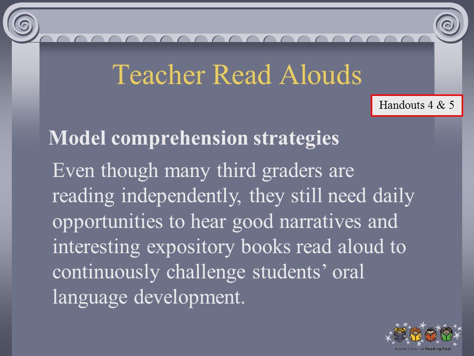 Teacher Read Alouds Model comprehension strategies Even though many third graders are reading independently, they still need daily opportunities to hear good narratives and interesting expository books read aloud to continuously challenge students’ oral language development.