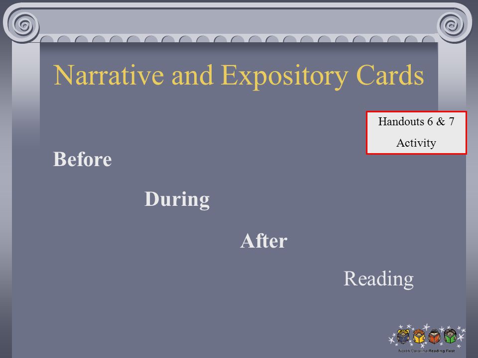 Narrative and Expository Cards Before During After Reading Handouts 6 & 7 Activity