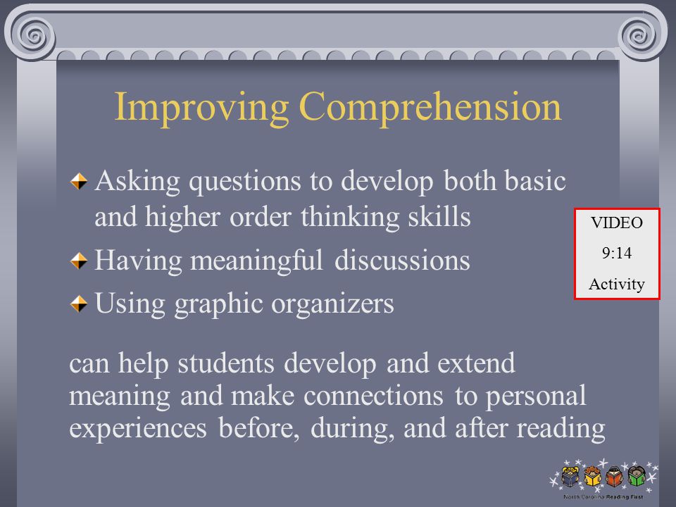 Improving Comprehension Asking questions to develop both basic and higher order thinking skills Having meaningful discussions Using graphic organizers can help students develop and extend meaning and make connections to personal experiences before, during, and after reading VIDEO 9:14 Activity