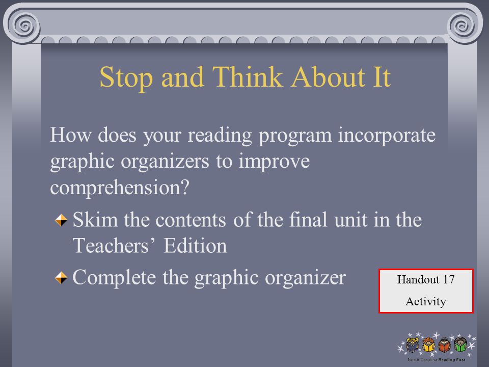 Stop and Think About It Skim the contents of the final unit in the Teachers’ Edition Complete the graphic organizer How does your reading program incorporate graphic organizers to improve comprehension.