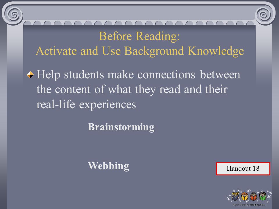 Before Reading: Activate and Use Background Knowledge Help students make connections between the content of what they read and their real-life experiences Brainstorming Webbing Handout 18