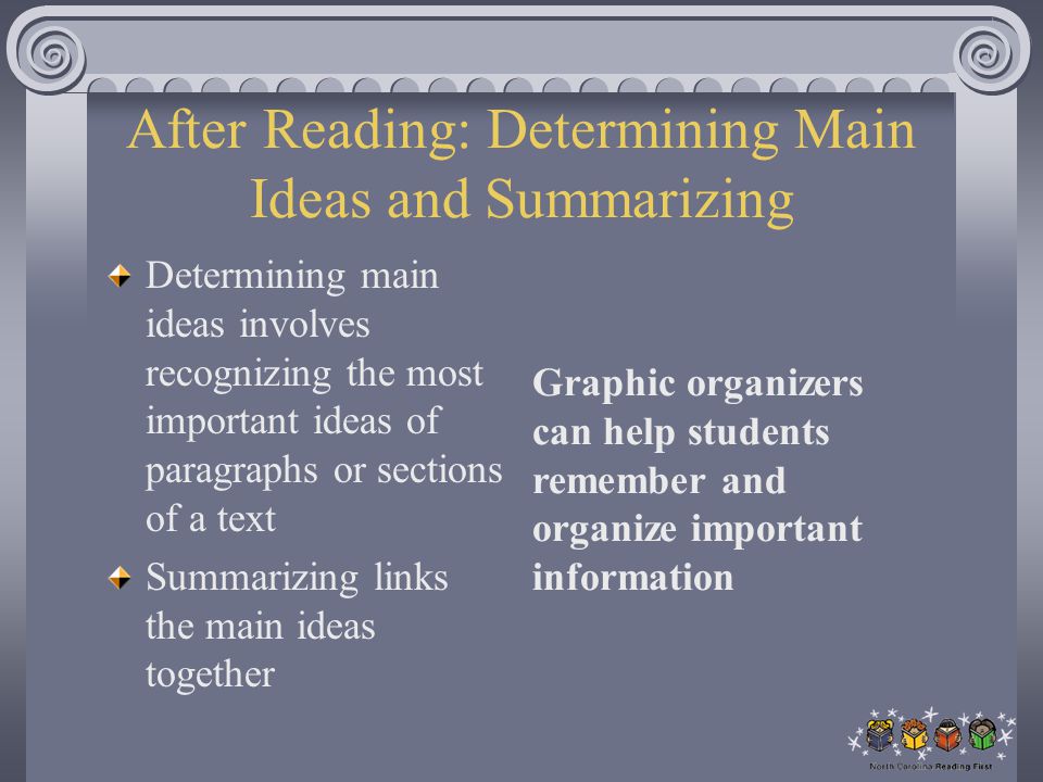 After Reading: Determining Main Ideas and Summarizing Determining main ideas involves recognizing the most important ideas of paragraphs or sections of a text Summarizing links the main ideas together Graphic organizers can help students remember and organize important information