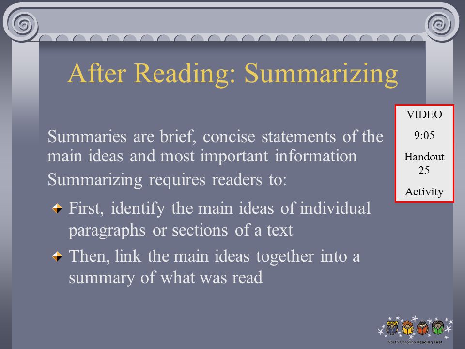 After Reading: Summarizing Summaries are brief, concise statements of the main ideas and most important information Summarizing requires readers to: First, identify the main ideas of individual paragraphs or sections of a text Then, link the main ideas together into a summary of what was read VIDEO 9:05 Handout 25 Activity