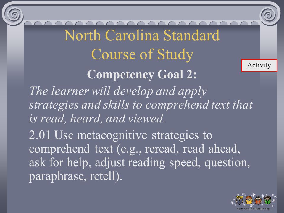 North Carolina Standard Course of Study Competency Goal 2: The learner will develop and apply strategies and skills to comprehend text that is read, heard, and viewed.