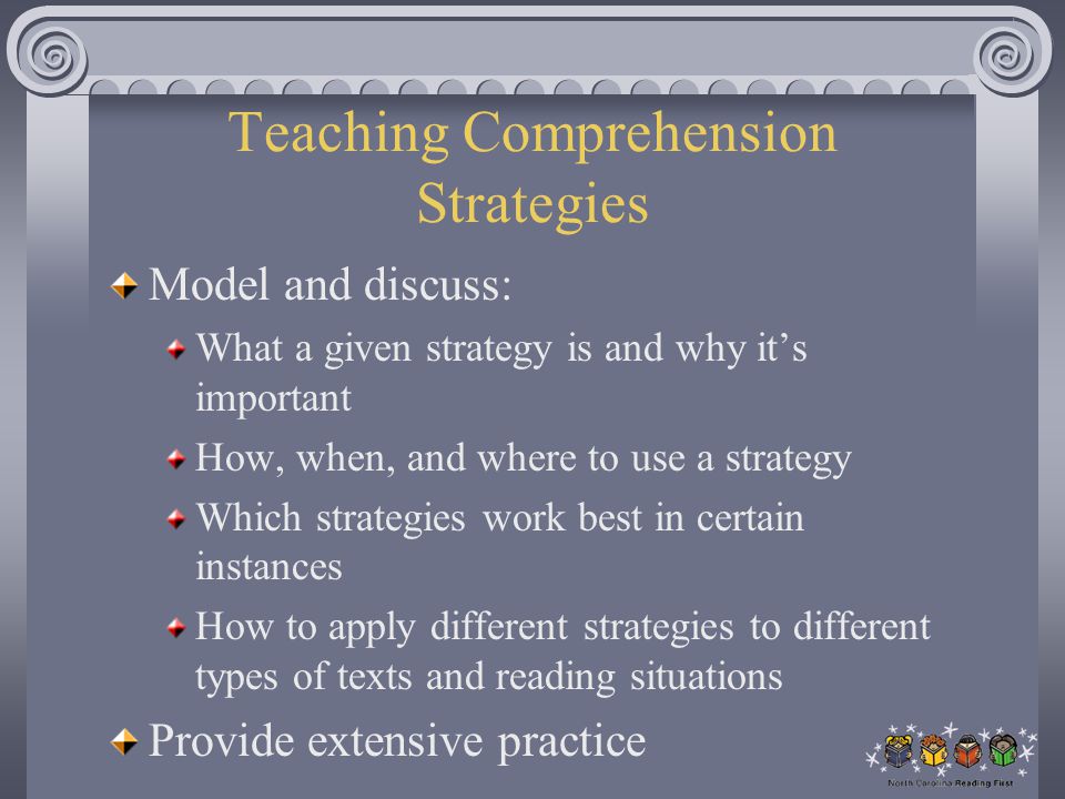 Teaching Comprehension Strategies Model and discuss: What a given strategy is and why it’s important How, when, and where to use a strategy Which strategies work best in certain instances How to apply different strategies to different types of texts and reading situations Provide extensive practice