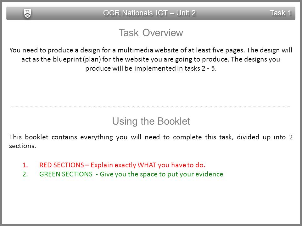 OCR Nationals ICT – Unit 2 Task 1 Task Overview You need to produce a design for a multimedia website of at least five pages.