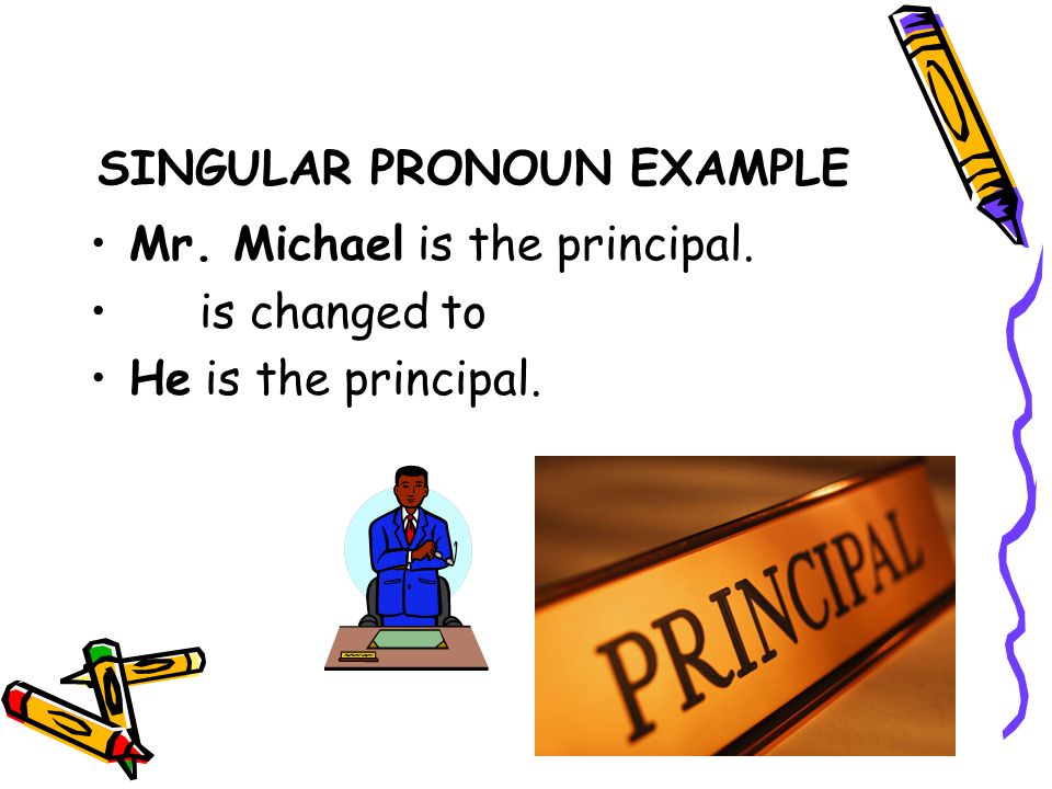 SINGULAR PRONOUN EXAMPLE George and Cheryl are at work. is changed to George and I are at work.