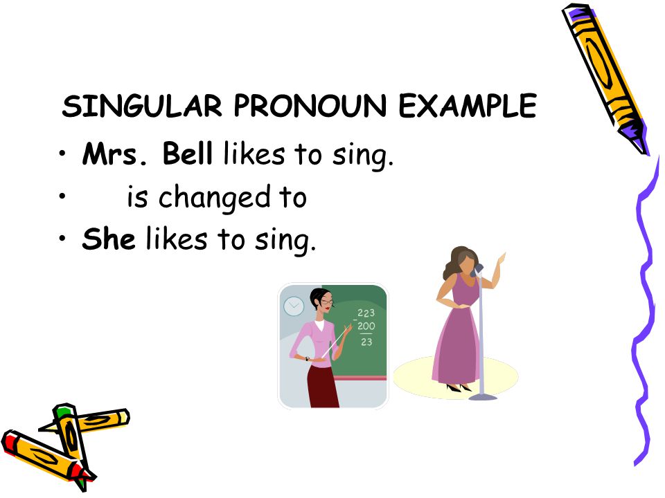 SINGULAR PRONOUN EXAMPLE Mr. Michael is the principal. is changed to He is the principal.