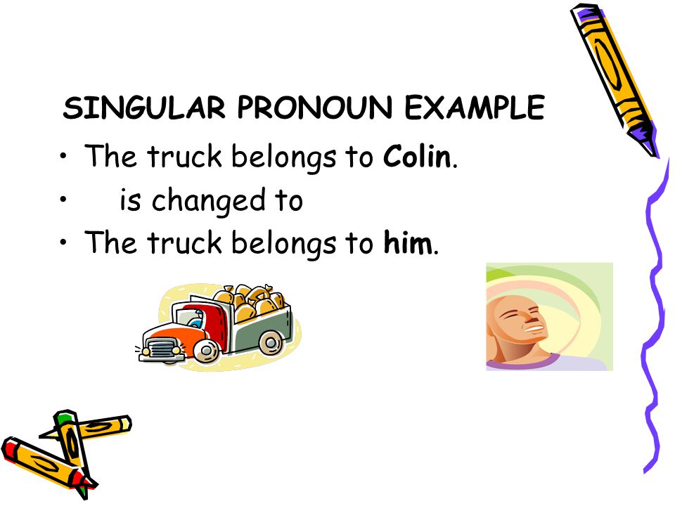SINGULAR PRONOUN EXAMPLE Mrs. Bell likes to sing. is changed to She likes to sing.