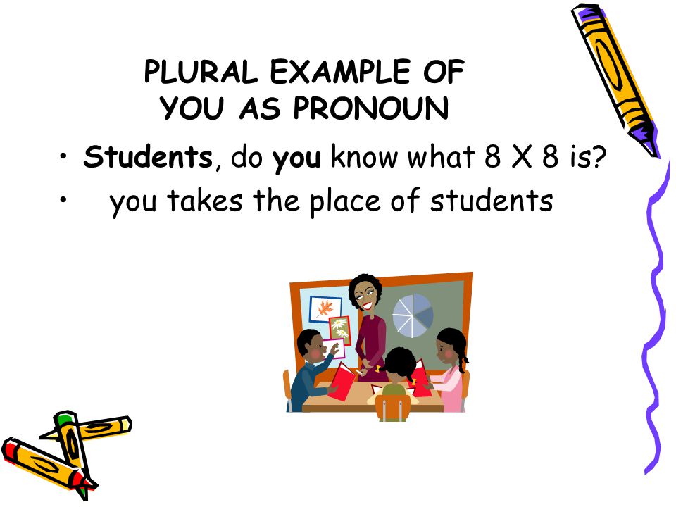 SINGULAR EXAMPLE OF YOU AS A PRONOUN Nick, you must know the answer to the question 8 X 8.