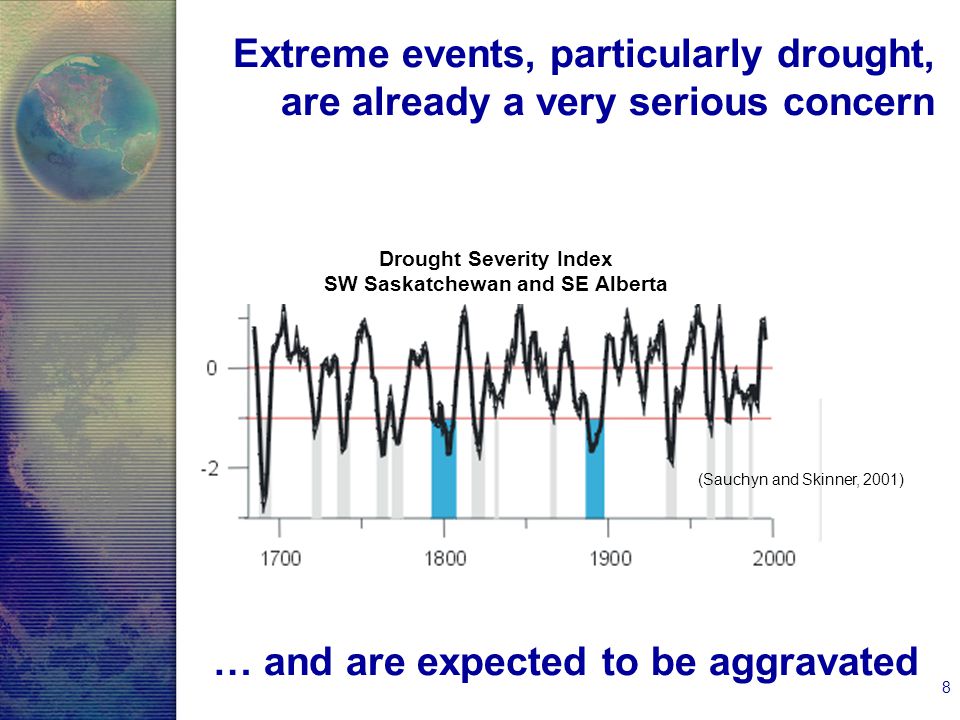 8 Extreme events, particularly drought, are already a very serious concern Drought Severity Index SW Saskatchewan and SE Alberta (Sauchyn and Skinner, 2001) … and are expected to be aggravated
