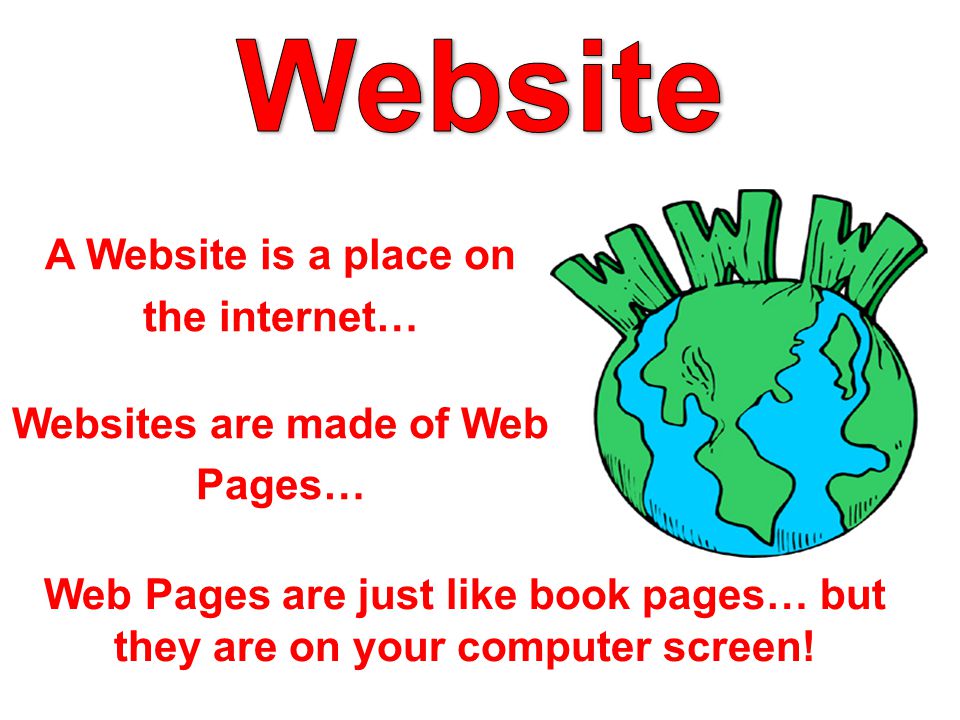 A Website is a place on the internet… Websites are made of Web Pages… Web Pages are just like book pages… but they are on your computer screen!