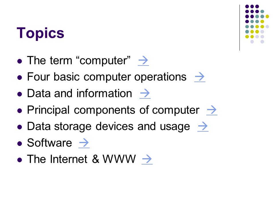 Topics The term computer   Four basic computer operations   Data and information   Principal components of computer   Data storage devices and usage   Software   The Internet & WWW  