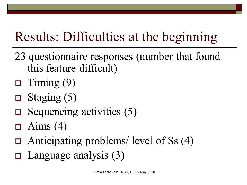 Svetla Tashevska, NBU, BETA May 2008 Results: Difficulties at the beginning 23 questionnaire responses (number that found this feature difficult)  Timing (9)  Staging (5)  Sequencing activities (5)  Aims (4)  Anticipating problems/ level of Ss (4)  Language analysis (3)