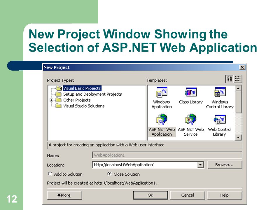 12 New Project Window Showing the Selection of ASP.NET Web Application
