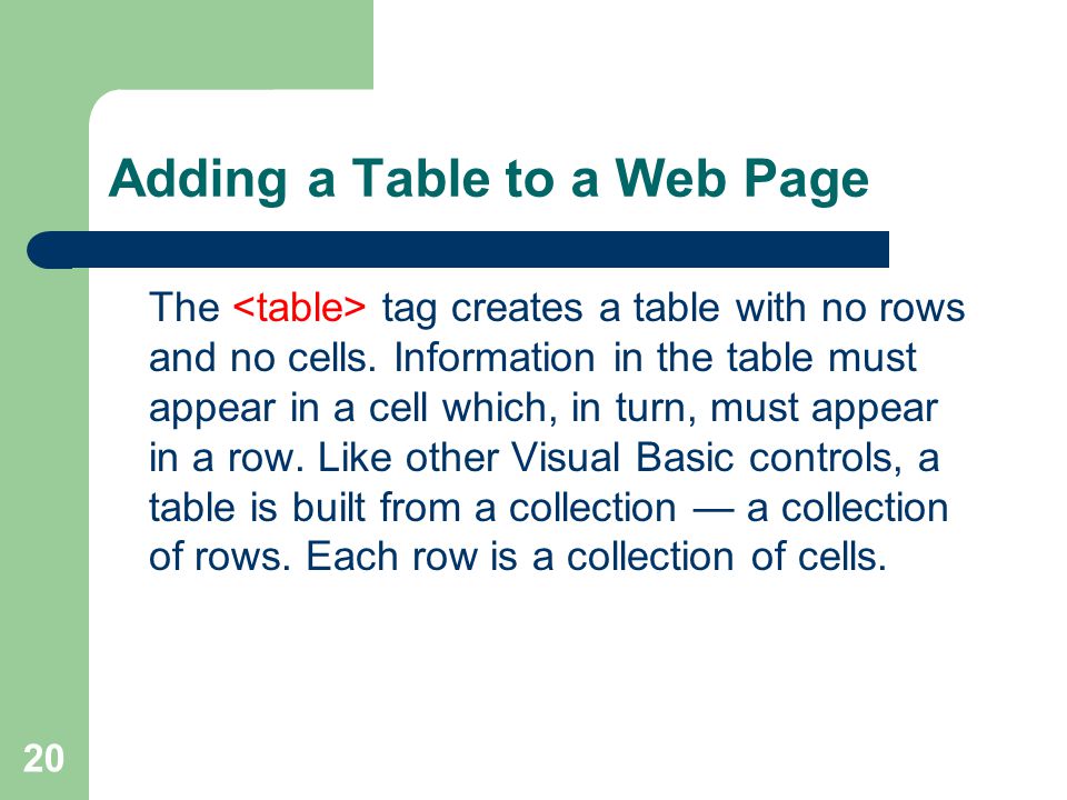 20 Adding a Table to a Web Page The tag creates a table with no rows and no cells.