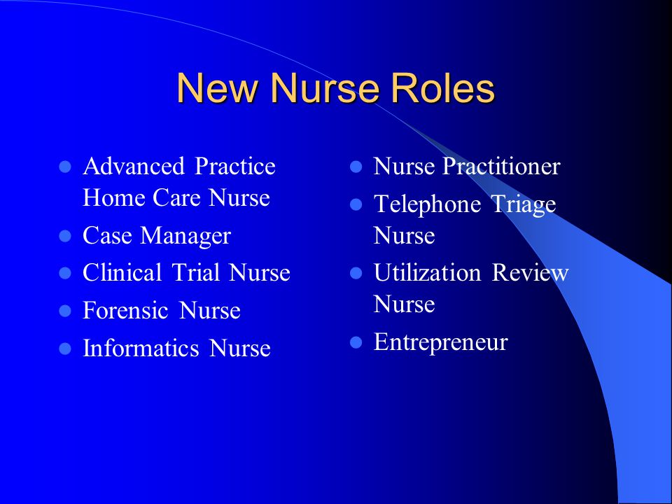 New Nurse Roles Advanced Practice Home Care Nurse Case Manager Clinical Trial Nurse Forensic Nurse Informatics Nurse Nurse Practitioner Telephone Triage Nurse Utilization Review Nurse Entrepreneur