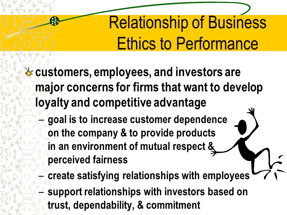 Relationship of Business Ethics to Performance customers, employees, and investors are major concerns for firms that want to develop loyalty and competitive advantage – goal is to increase customer dependence on the company & to provide products in an environment of mutual respect & perceived fairness – create satisfying relationships with employees – support relationships with investors based on trust, dependability, & commitment