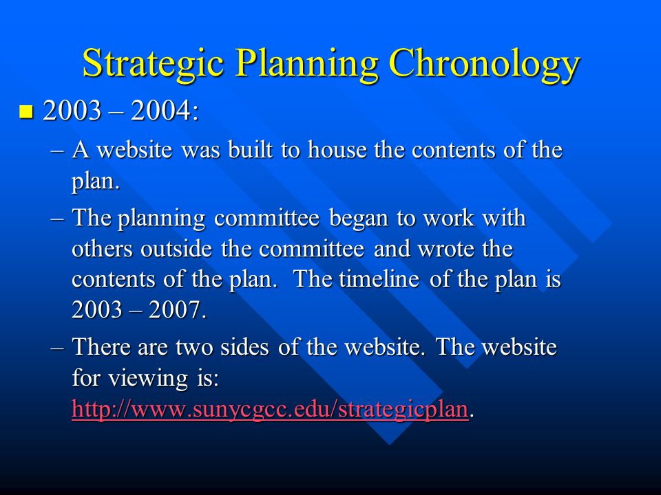 Strategic Planning Chronology 2003 – 2004: 2003 – 2004: –A website was built to house the contents of the plan.
