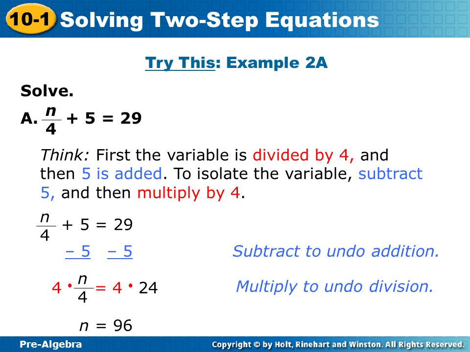 Pre-Algebra 10-1 Solving Two-Step Equations Additional Example 2C: Solving Two-Step Equations C.