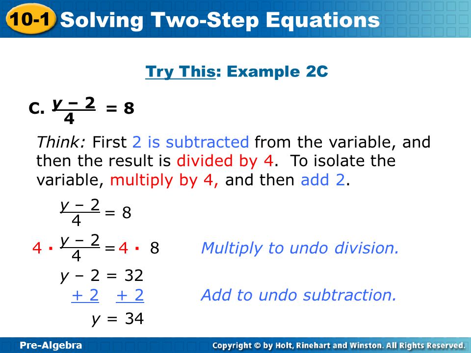 Pre-Algebra 10-1 Solving Two-Step Equations Try This: Example 2B B.