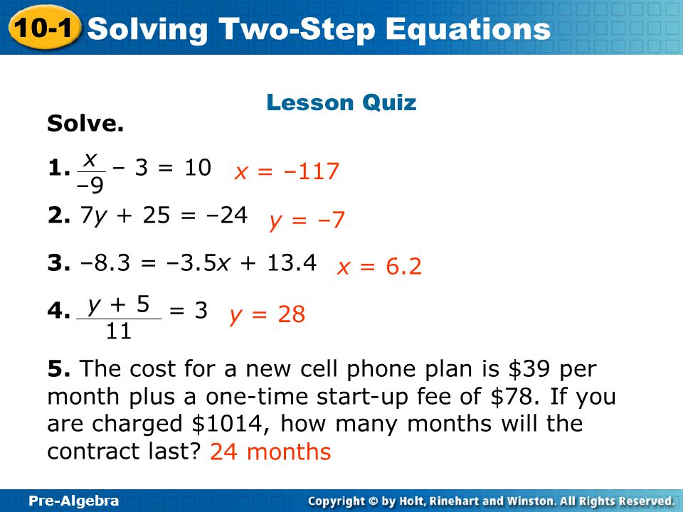 Pre-Algebra 10-1 Solving Two-Step Equations Try This: Example 2C C.
