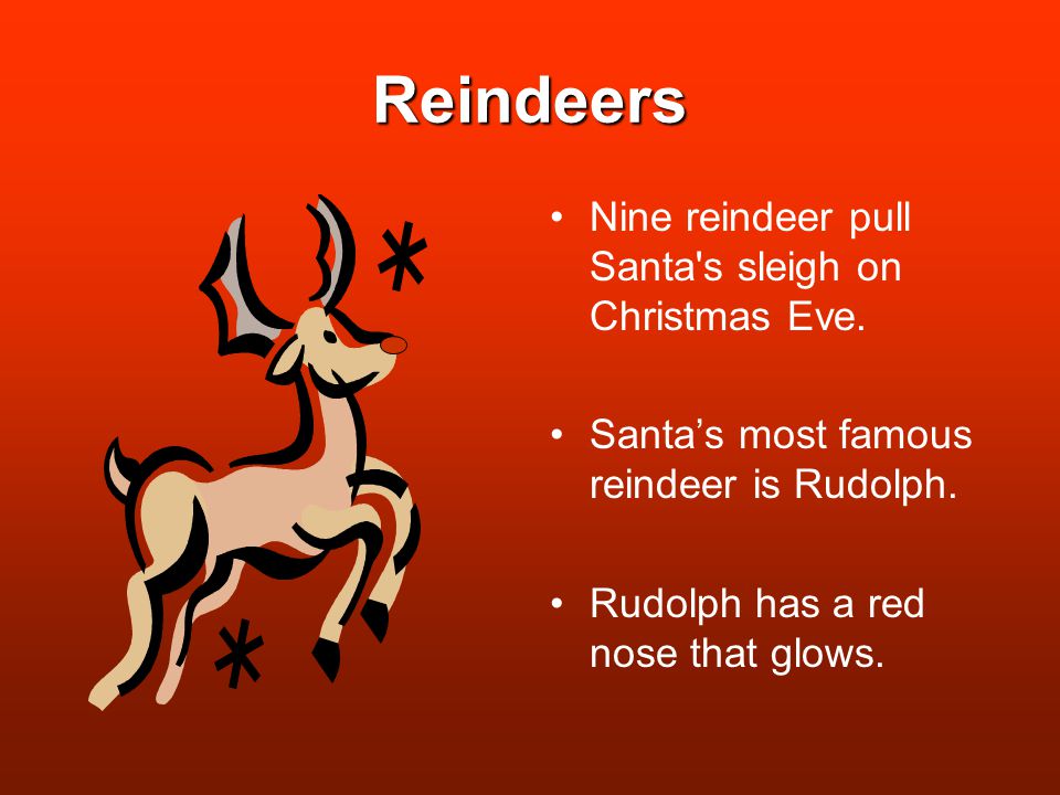 Reindeers Nine reindeer pull Santa s sleigh on Christmas Eve.