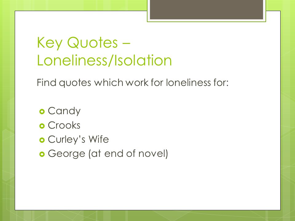 Key Quotes – Loneliness/Isolation Find quotes which work for loneliness for:  Candy  Crooks  Curley’s Wife  George (at end of novel)
