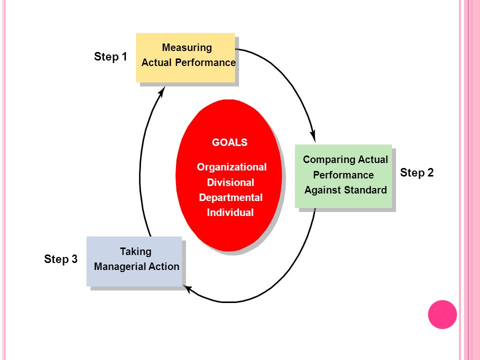 GOALS Organizational Divisional Departmental Individual Measuring Actual Performance Comparing Actual Performance Against Standard Taking Managerial Action Step 1 Step 3 Step 2