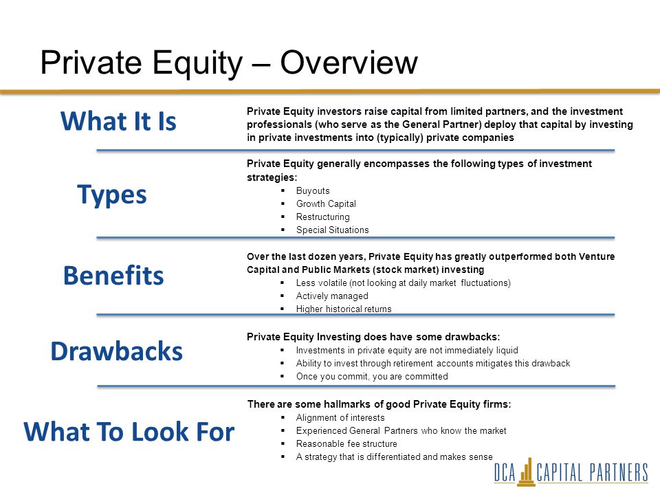 Private Equity – Overview Private Equity investors raise capital from limited partners, and the investment professionals (who serve as the General Partner) deploy that capital by investing in private investments into (typically) private companies Private Equity generally encompasses the following types of investment strategies:  Buyouts  Growth Capital  Restructuring  Special Situations Over the last dozen years, Private Equity has greatly outperformed both Venture Capital and Public Markets (stock market) investing  Less volatile (not looking at daily market fluctuations)  Actively managed  Higher historical returns Private Equity Investing does have some drawbacks:  Investments in private equity are not immediately liquid  Ability to invest through retirement accounts mitigates this drawback  Once you commit, you are committed There are some hallmarks of good Private Equity firms:  Alignment of interests  Experienced General Partners who know the market  Reasonable fee structure  A strategy that is differentiated and makes sense What It Is Types Benefits Drawbacks What To Look For