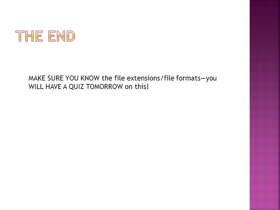 MAKE SURE YOU KNOW the file extensions/file formats—you WILL HAVE A QUIZ TOMORROW on this!