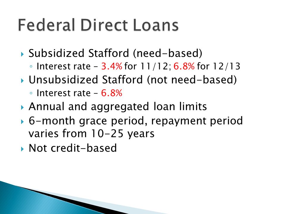  Subsidized Stafford (need-based) ◦ Interest rate – 3.4% for 11/12; 6.8% for 12/13  Unsubsidized Stafford (not need-based) ◦ Interest rate – 6.8%  Annual and aggregated loan limits  6-month grace period, repayment period varies from years  Not credit-based